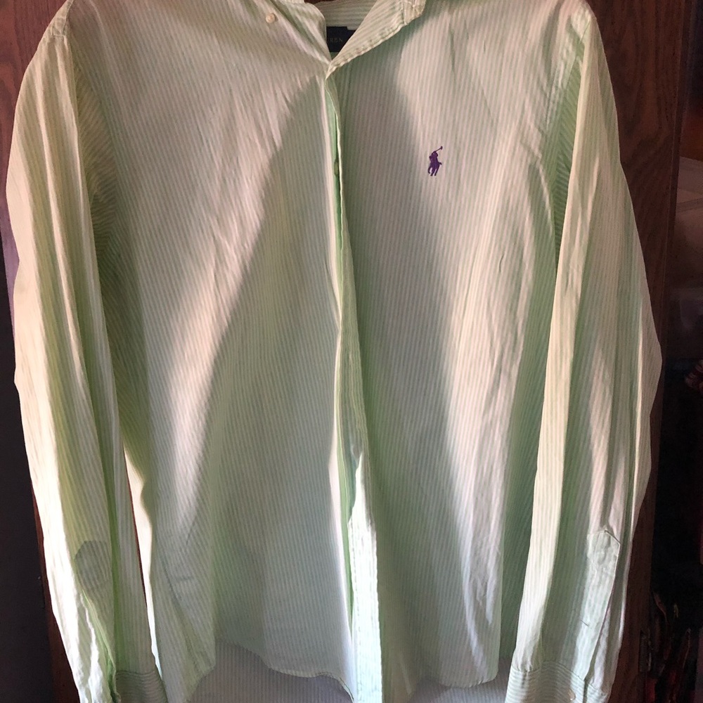 Men’s button down shirt by Ralph Lauren. Green and white stripe